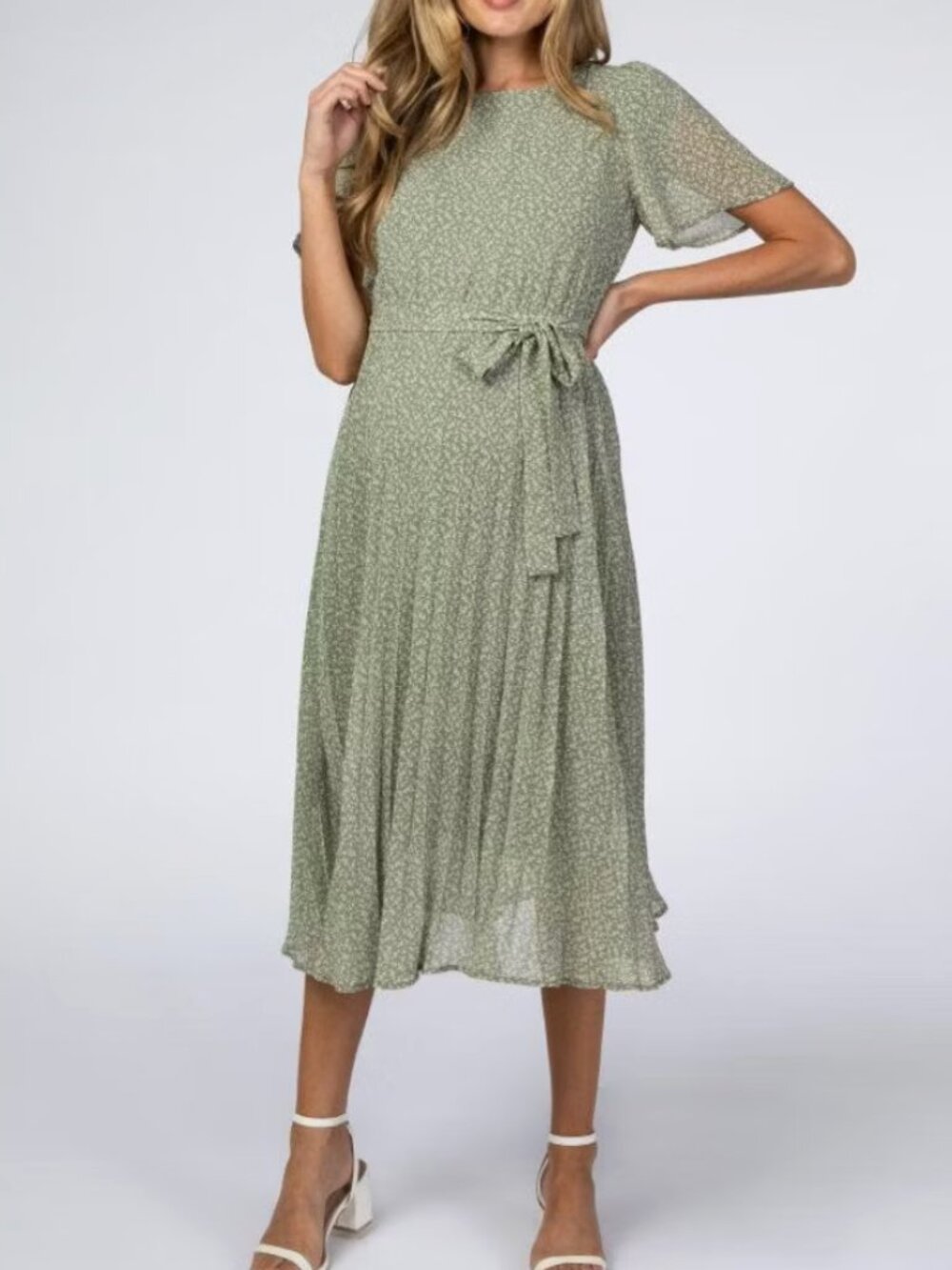 Pinkblush Light Olive Leaf Print Pleated Maternity Midi Dress Small